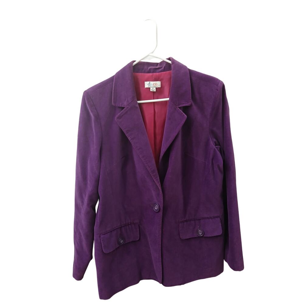 D & Co. Denim & Company Purple Velvet Blazer Lined Pockets Button Down Cotton M